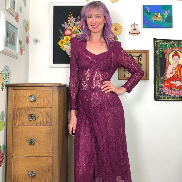 Vintage Sheer Burgundy Lace Dress, 1990s Witchy Midi w/ Sweetheart Neckline XS-S - Picture 1 of 10